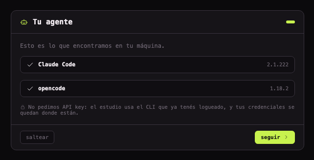First-run step listing Claude Code 2.1.222 and opencode 1.18.2 found on the machine, with a note that no API key is requested.