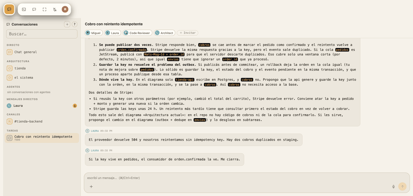A feature room named 'Cobro con reintento idempotente' with four members — Miguel, Laura, Code Reviewer and Architect. The Architect's reply lays out three points about idempotency keys and an outbox; below it Laura replies twice.