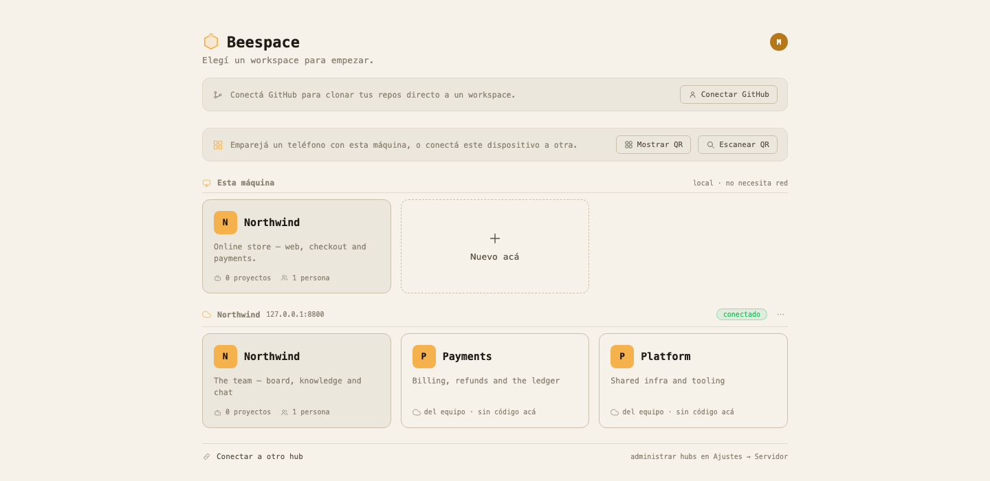 The opening screen with two groups of workspaces: «This machine», local and needing no network, and «Northwind», the team server, connected, with three team workspaces marked «the team's · no code here».