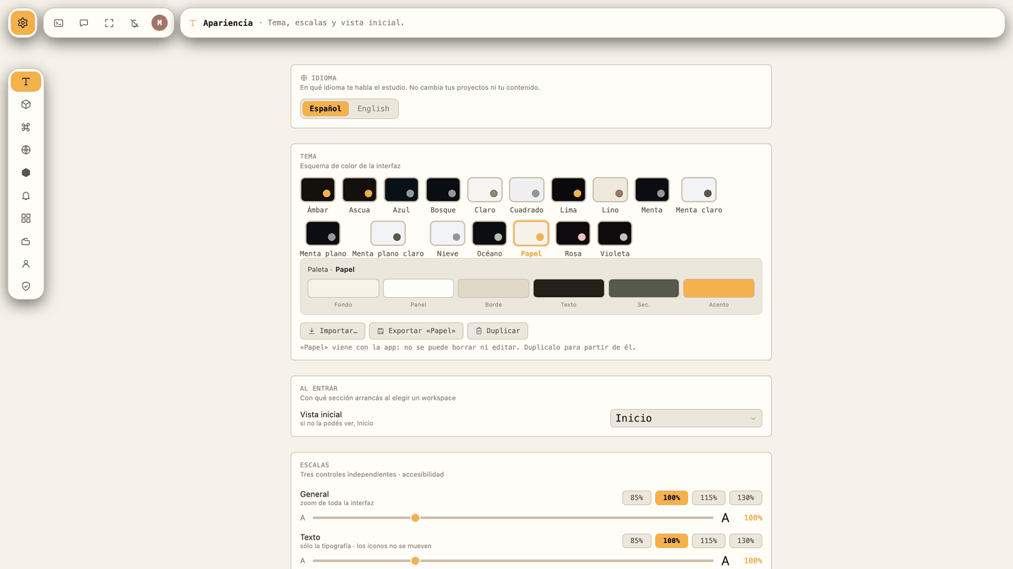 The theme picker: seventeen swatches — Ámbar, Ascua, Azul, Bosque, Claro, Cuadrado, Lima, Lino, Menta and more — a six-color palette for the selected theme, and Import, Export and Duplicate buttons.