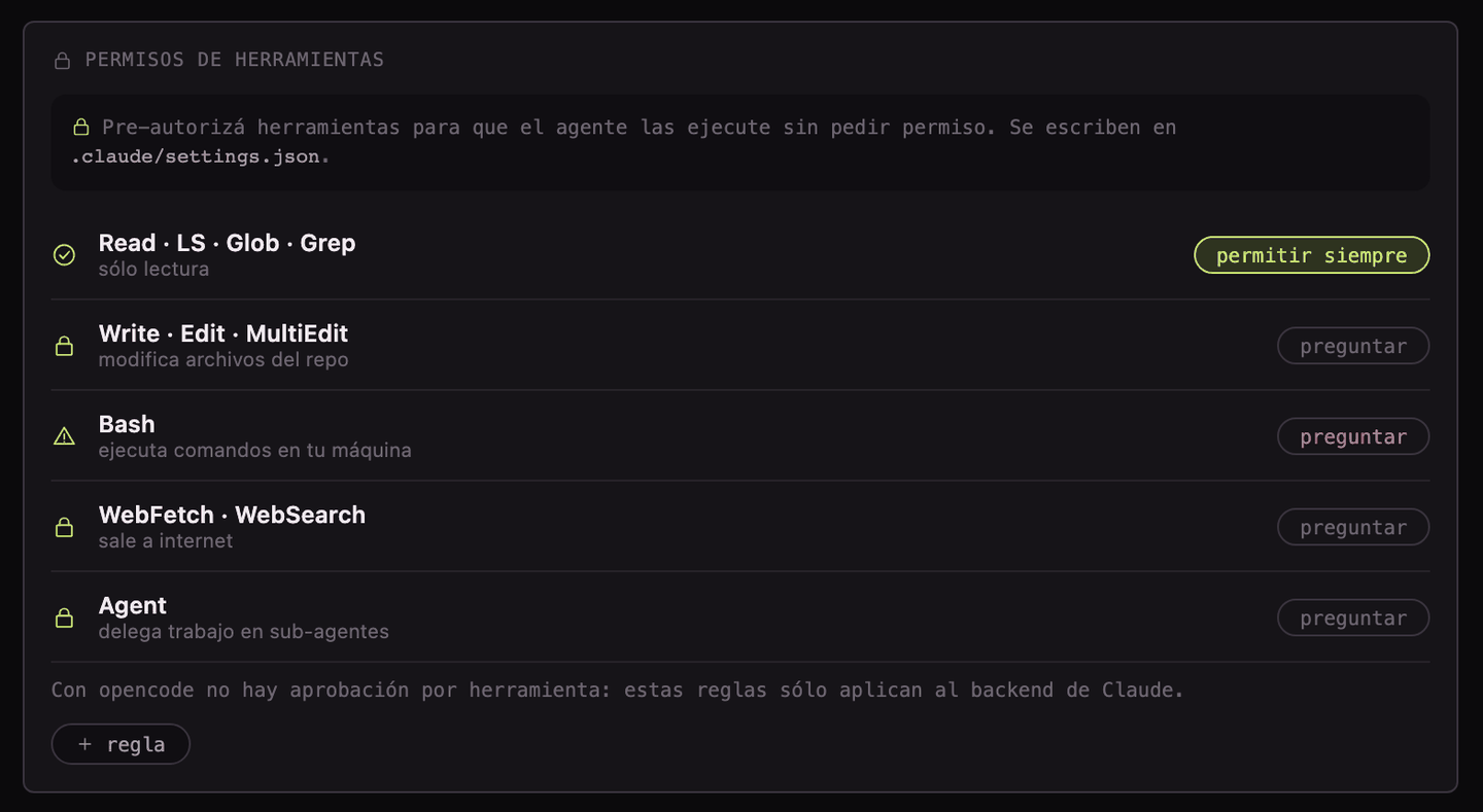 Tool permissions screen: read-only tools always allowed; write, shell, network and sub-agent tools set to ask.